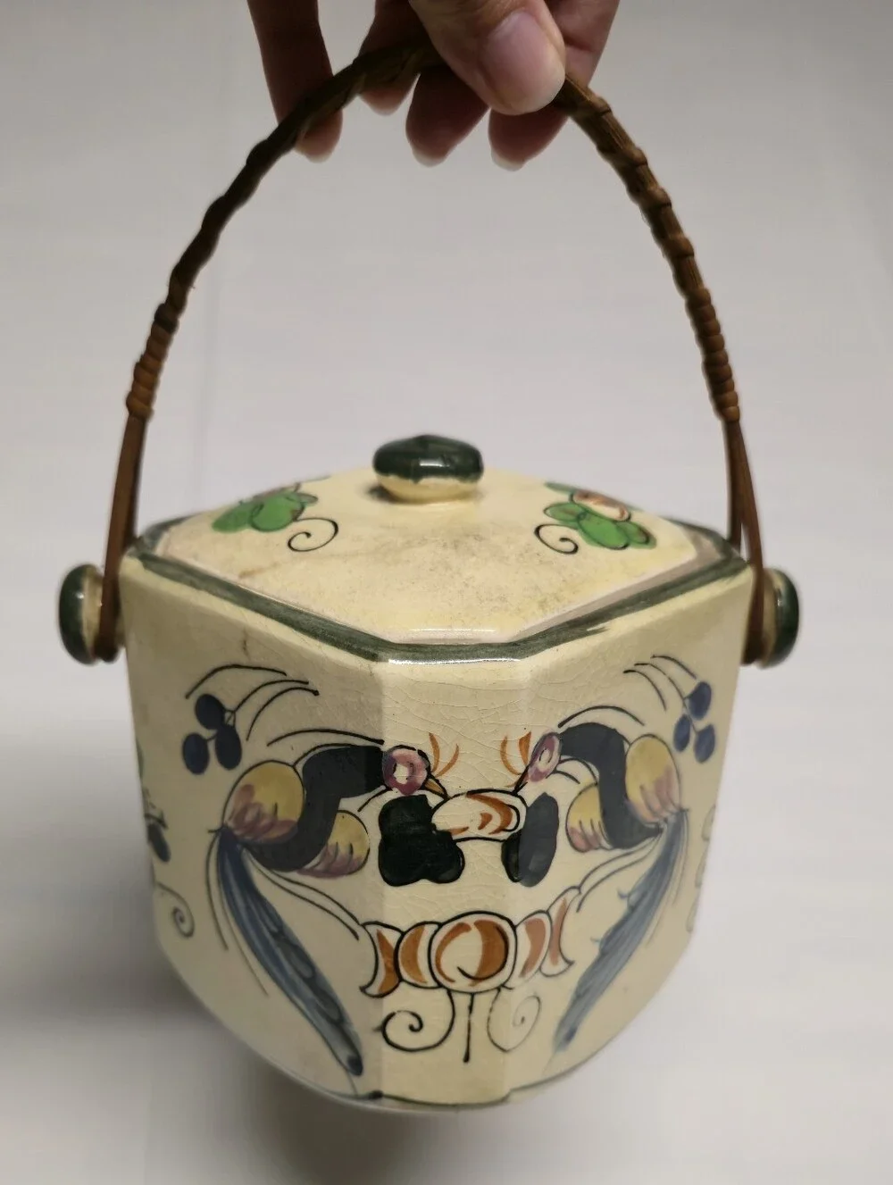 Vintage Japanese Ceramic Hexagonal Tea/Biscuit Canister with Woven Handle